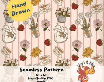 Könnte beinhalten: Ein nahtloses Muster mit handgezeichneten Illustrationen von Teetassen, Teekannen, Blumen und Erdbeeren auf einem rosa gestreiften Hintergrund. Das Muster enthält den Text "Seamless Pattern" und "12" x 12" High-Quality PNG 300dpi".