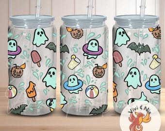 Summerween Ghost Glass Can Wrap PNG 16oz/20oz Sublimation Glass Cup Wrap Cute Pastel Ghosts Bats Pumpkins Digital Download Ghost Swim Party