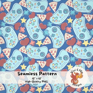 May include: A seamless pattern with light blue game controllers, pizza slices, hearts, and stars on a dark blue backdrop. The design includes the text "Seamless Pattern", "12" x 12"", and "High-Quality PNG".