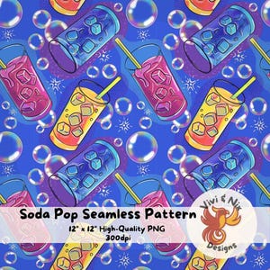 Soda Pop Seamless Pattern Digital Download Colorful Drink Bubbles Bright Summer Beverage PNG Neon Soda Pop Pattern