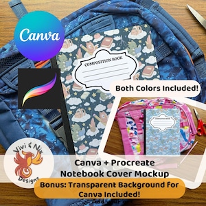 Puede incluir: Una maqueta de portada de cuaderno con un patrón azul y blanco con personajes de dibujos animados, libros y nubes. La imagen incluye los logotipos de Canva y Procreate, y el texto "Both Colors Included!" y "Canva + Procreate Notebook Cover Mockup."