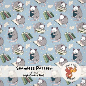 May include: Seamless pattern featuring cartoon opossums reading books on a light blue background with scattered stars. The opossums are gray with white faces and pink tails. Green and brown books are also present. The text "Seamless Pattern" is displayed.