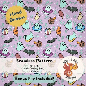 Ghost Summer Swim Party Seamless Pattern, Cute Halloween Beach Pool Digital Paper, Ghosts, Popsicles, Pool Tubes, Coconut Pumpkins PNG