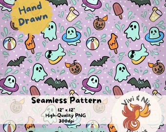 Ghost Summer Swim Party Seamless Pattern, Cute Halloween Beach Pool Digital Paper, Ghosts, Popsicles, Pool Tubes, Coconut Pumpkins PNG