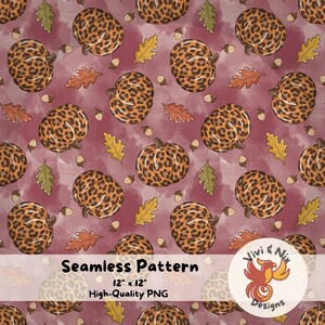 Motivo senza soluzione di continuità con leopardo rosa e zucca PNG, carta digitale autunnale Coquette, grazioso motivo autunnale con zucca, sfondo per sublimazione