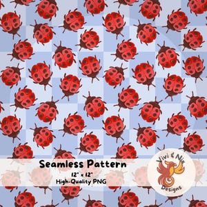 Pode incluir: Padrão sem costura com joaninhas vermelhas com manchas pretas em um fundo xadrez azul claro. As joaninhas são uniformemente espaçadas. O texto "Seamless Pattern" e "12" x 12" High-Quality PNG" é visível.