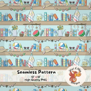 Peut inclure: Motif sans couture avec des étagères illustrées, des articles de plage et du texte. Le motif comprend des livres, des ballons de plage, des lunettes de soleil, des chapeaux, des tranches de pastèque et des pichets de limonade. Le texte indique "Seamless Pattern" et "12" x 12" High-Quality PNG".