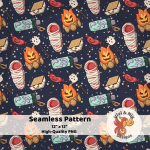 May include: Seamless pattern featuring camping-themed illustrations on a navy blue background. The design includes campfires, wrapped mummy figures, s'mores, sausages, water bottles, and marshmallows. The pattern is 12" x 12" and is a high-quality PNG.