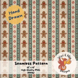 May include: A seamless pattern featuring gingerbread men with red bow ties, candy canes, and green stripes on a cream background. The words "Hand Drawn" are on a yellow circle. The pattern is 12" x 12" and is a high-quality PNG.