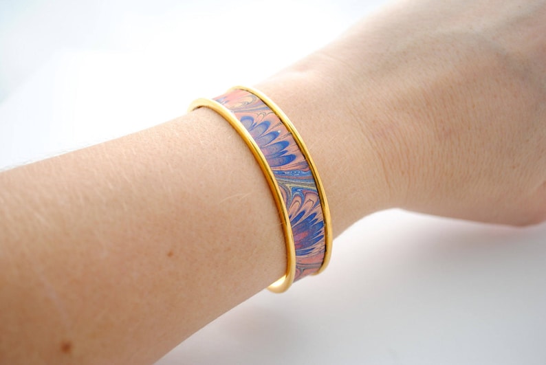 Repurposed Jewelry SALE Blue Rainbow Pastel Swirls Vintage Tin Cuff Bracelet Lavender Pink Upcycled Jewelry