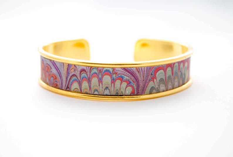 Repurposed Jewelry SALE Blue Rainbow Pastel Swirls Vintage Tin Cuff Bracelet Lavender Pink Upcycled Jewelry