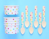 Pastel Rainbow Polka Dot Ice Cream Cups & Wooden Spoons, Rainbow Party Ice Cream Cups, Pastel Ice Cream Bowls, Easter Ice Cream Cups (12)