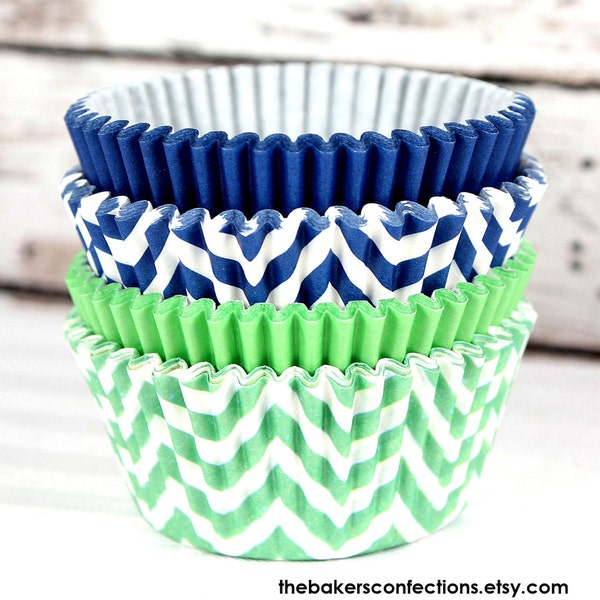 Chevron and Solid Cupcake Liners in Royal Blue and Lime - ZigZag Baking Cups, DESIGNER GREASE RESISTANT (80 count - 20 each style)