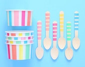 Arc en ciel pastel bande crème glacée tasses et cuillères en bois, tasses de crème glacée, crème glacée bols, crème glacée Social, cuillères à crème glacée (12)