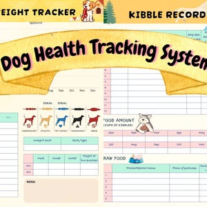 Puede incluir: Un gráfico del sistema de seguimiento de la salud canina al estilo acuarela. El gráfico incluye secciones para el peso, la cantidad de alimento y los alimentos crudos. El título "Dog Health Tracking System" está en letras negras grandes sobre una pancarta amarilla.