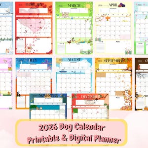 Calendário de 19 páginas | 2026 | Calendário digital e imprimível para cães | Início na segunda e no domingo | Cachorro | Presente para dona de cachorro | Download digital | 12 meses divertidos