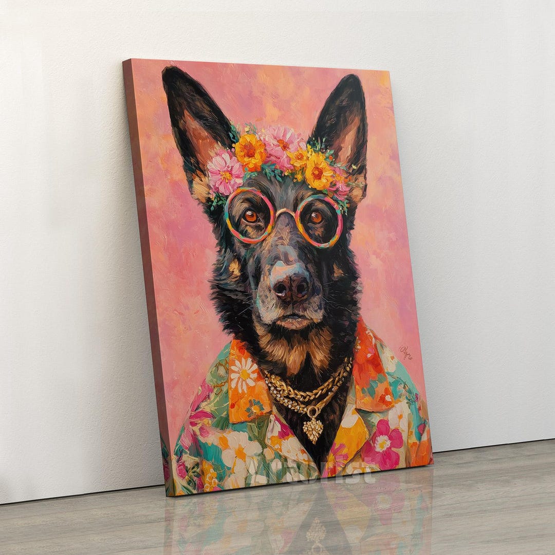 German Shepherd in Floral Shirt With Flower Crown - Dog Art - Etsy