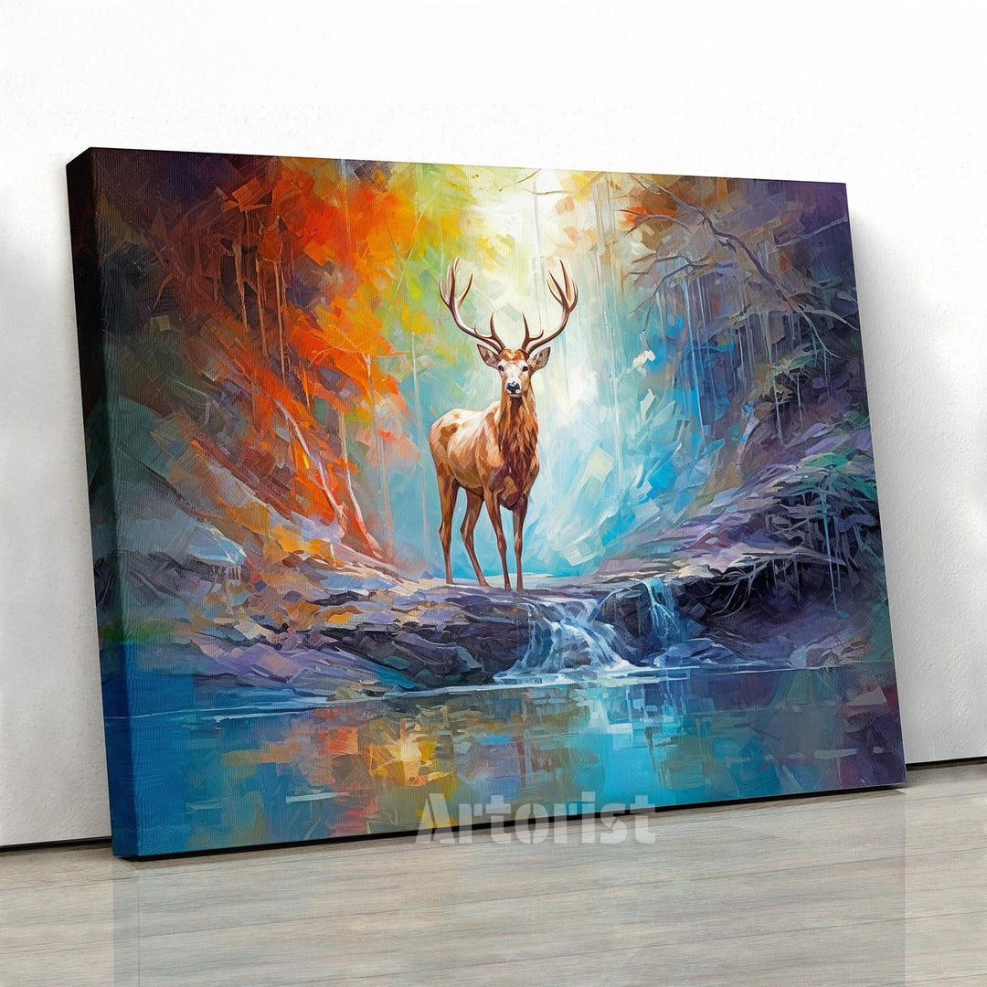 Stag in Forest Oil Painting Canvas Print Wall Art – Rustic Lodge Wall ...