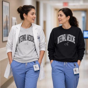 May include: Two crewneck sweatshirts featuring the text INTERNAL MEDICINE in a white arched font with a small stethoscope graphic underneath. One sweatshirt is heather gray worn under a white lab coat, and the other is solid black.