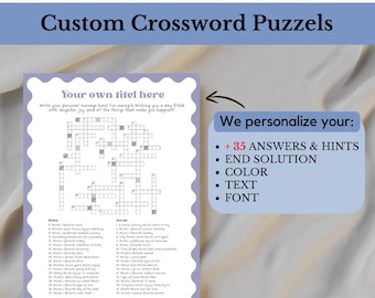 May include: A custom crossword puzzle with the text "Custom Crossword Puzzels" at the top. The puzzle has a light purple border and includes a list of clues and answers. The text "Your own titel here" is at the top of the puzzle.