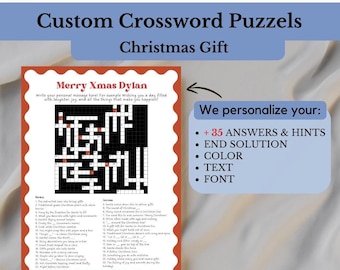 May include: A custom crossword puzzle with the text "Merry Xmas Dylan" and "Christmas Gift". The puzzle is black and white, with a red border. The image also includes text about personalization options, such as color and font.