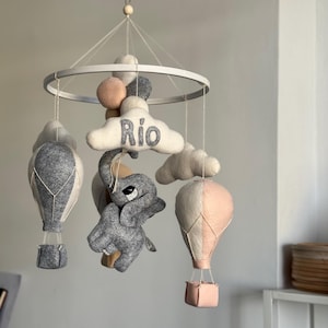 Baby Mobile Felt, Personalized Name Mobile, Hot Air Balloon Nursery Decor, Elephant Crib Mobile, Custom Baby Gift, Neutral Baby Mobile.