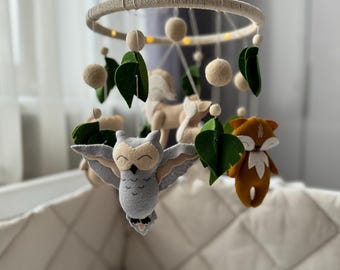 Woodland Baby Mobile: Handmade Crib Nursery Decor, Wool Balls Mobile, Gender Baby Shower Gift