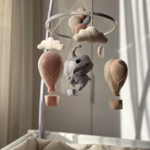 Handmade Baby Mobile, Hot Air Balloon Nursery Decor with Elephant, Felt Crib Mobile for Baby Shower Gift, Neutral & Boho Baby Room Decor