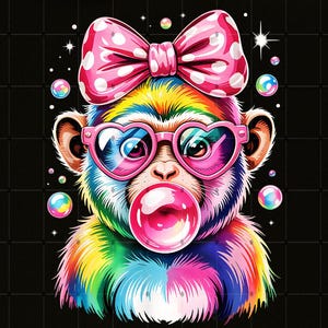 May include: A colorful illustration of a monkey with rainbow fur, heart-shaped glasses, and a pink bubble gum bubble. The monkey wears a pink bow with white polka dots. The background is black.