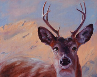 Stag Spirit Animal, original oil painting by Puci, totem guides deer power mountains snow winter, 8x8"