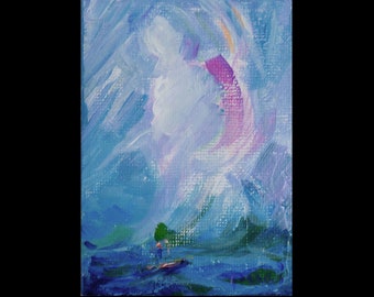 Calming The Waters • original acrylic painting • 2.5x3.5" aceo • seascape with boat and huge angel angelic spirit helper guide