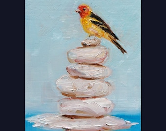 Original Oil Painting by Puci, "Balancing Act" 7x5inches, spiritual magical bird stones