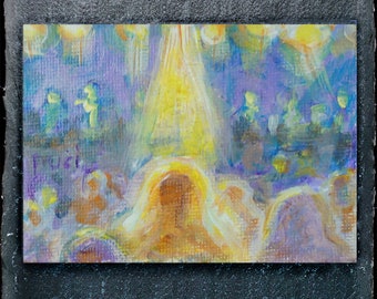 Light Beings Light Bearers • original acrylic painting • ACEO 2.5x3.5" • angelic concert show music rock band orbs