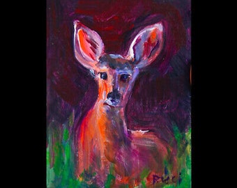 Original Painting LISTENING FOR ANGELS framed aceo 2.5 x 3.5" acrylic - angels animals spirit mule deer