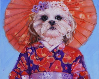Shih Tzu as a Geisha, original oil painting 16x20" w/gallery wrap-around • pet portrait dog in Japanese costume umbrella flowers cute sweet