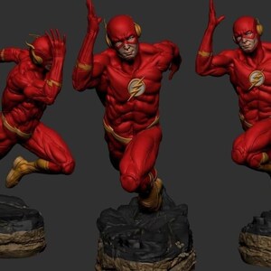 May include: A red and yellow superhero figurine of The Flash running. The figurine is posed in three different running positions. The figurine is on a black and brown base.