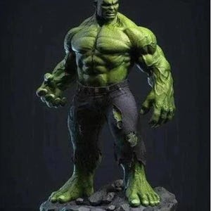 May include: A green, muscular figure of the Hulk, a fictional superhero, standing on a rocky base. He is wearing ripped jeans and has a fierce expression on his face.