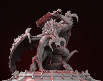 May include: A gray, detailed, 3D printed sculpture of a two-headed dragon with wings, standing on a base. The dragon is holding a sword in its front claws.
