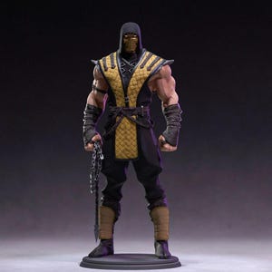 May include: A black and yellow action figure of a character wearing a black hooded mask and holding a chain weapon. The figure is standing on a black base.