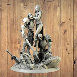 May include: A white painted figurine of a female elf standing on a rocky base with two skeletal figures. The elf is holding a skull in her hand and is wearing a flowing dress. The skeletal figures are wearing armor and holding swords.