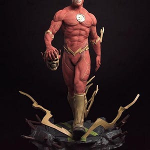May include: An action figure of The Flash, a superhero with super speed, standing on a broken ground base with lightning bolts. The figure is red and gold and is holding a skull in its left hand.
