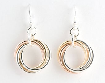 Tri-Metal Sterling, 14k Gold Fill, & Copper Infinity Love Knot Chainmaille Earrings Mobius Chain maille