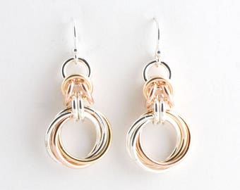 Tri-Metal Byzantine Love Knots Chainmaille Earrings Sterling, 14k Gold Fill, 14k Rose GF