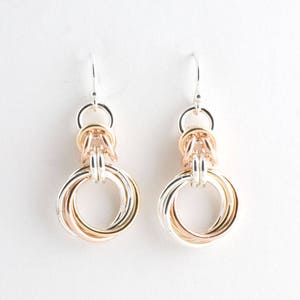Tri-Metal Byzantine Love Knots Chainmaille Earrings Sterling, 14k Gold Fill, 14k Rose GF image 1