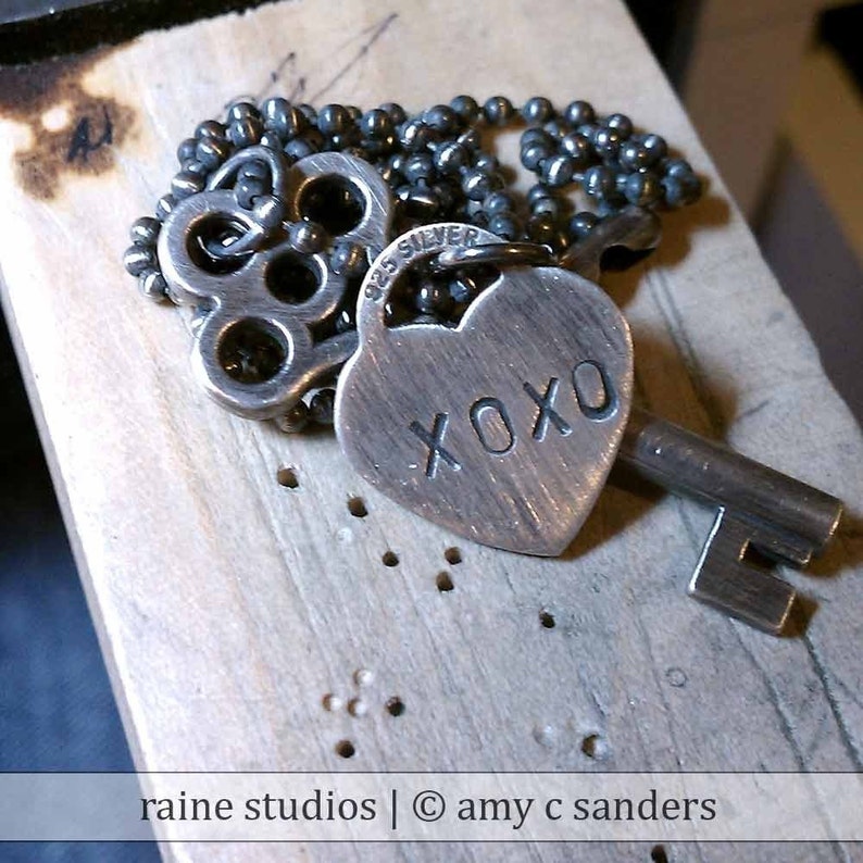 Custom Hand Stamped Heart and Key. Oxidized Sterling Silver Valentine ...