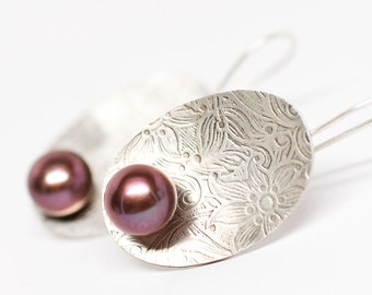 Textured Sterling Silver with Freshwater Pearl Earrings - OOAK