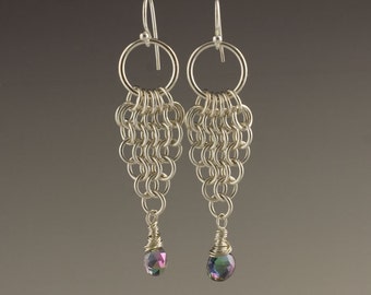 Sterling silver and Mystic Topaz chainmaille earrings