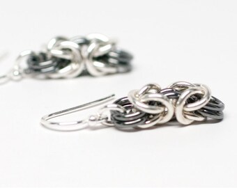 Yin - Yang Byzantine. Sterling silver chainmaille earrings.