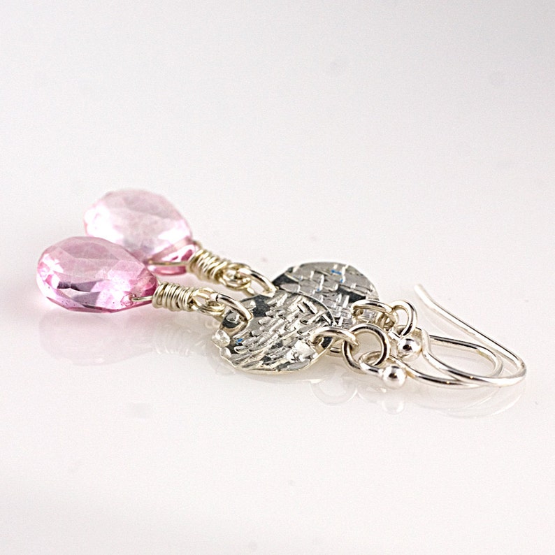 Pink Quartz and Hammered Sterling Disc Earrings image 1