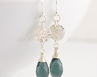 Smoke Gray Quartz and Hammered Sterling Disc Earrings